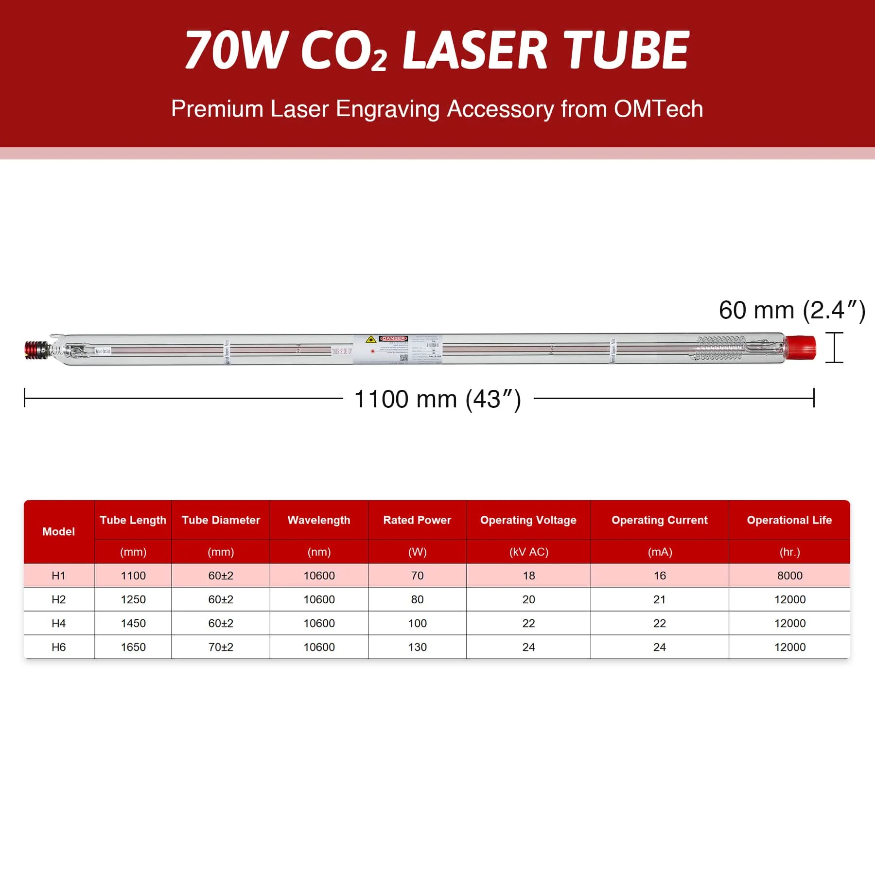 70W YL H1 Tube Laser CO2 pour les Graveurs Laser de 70W - Image 4